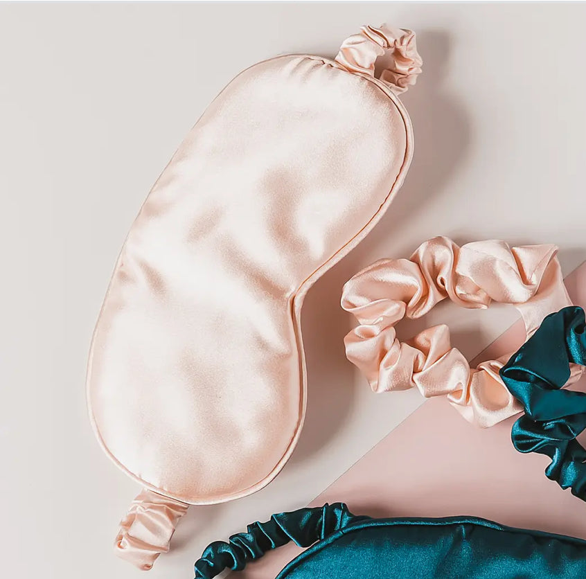 Silky Satin Eye Mask and Scrunchie Set in Matching Pouch in pink